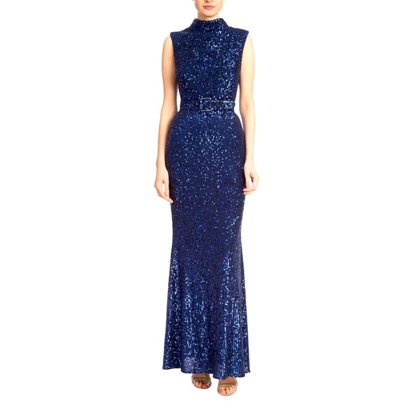 Badgley Mischka Dresses & Skirts - NWT Badgley Mischka Mock Neck Sapphire Sequined Gown with Belt